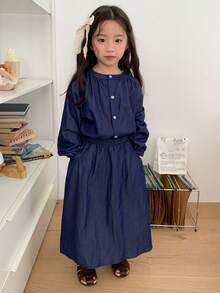 DAZY 2件套 女童（小号）休闲圆领长袖韩版衬衫和裙子套装 - 藍色 - 查看 6