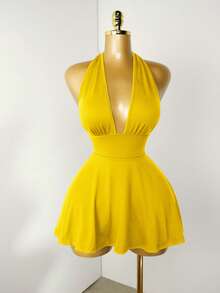 Mistrie Black Tight-Fitting Romper With Deep V-Neck, Backless Strap - Yellow - View 6