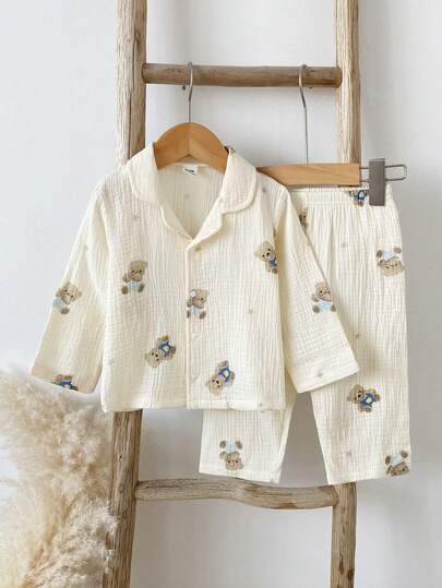 2pcs/Set Long Sleeve & Long Pants Cotton Cartoon Bear Pattern Soft Comfortable Pajamas, Best Gift For Baby Boys