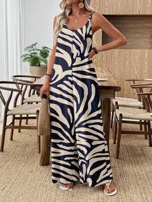 EMERY ROSE Casual Vintage Elegant Commute Beach Vacation Versatile Bohemian Black Khaki Zebra Print Retro Pattern Jumpsuit, Comfortable Loose Plus Size Women Strap Jumpsuit, Suitable For Spring/Summer - Multicolor - View 6