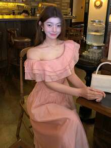 DAZY 女士休闲荷叶边露肩中长连衣裙/吊带裙/鸡尾酒裙 - 淺粉色 - 查看 1