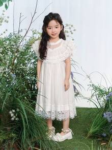 DAZY Girls (Small) Lace Korean Style Casual Round Neck Ruffle Trim Dress - White - View 1