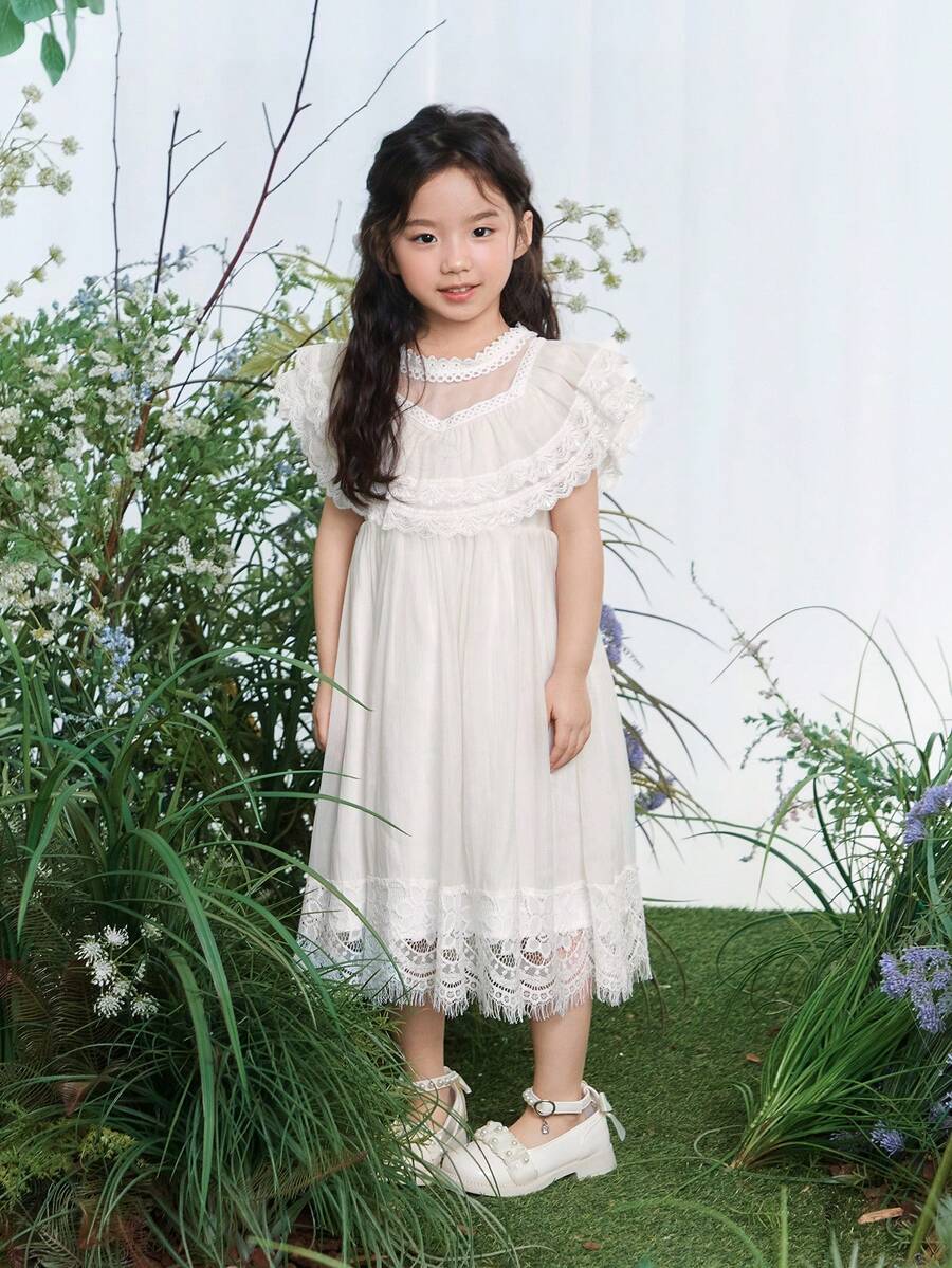 DAZY Girls (Small) Lace Korean Style Casual Round Neck Ruffle Trim Dress - White - View 1
