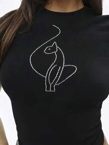 BABYPHAT Cropped Short Sleeve Tee With Rhinestone Cat Design Round Neck Fitted Baby Top Summer Spring Casual - Black - View 5