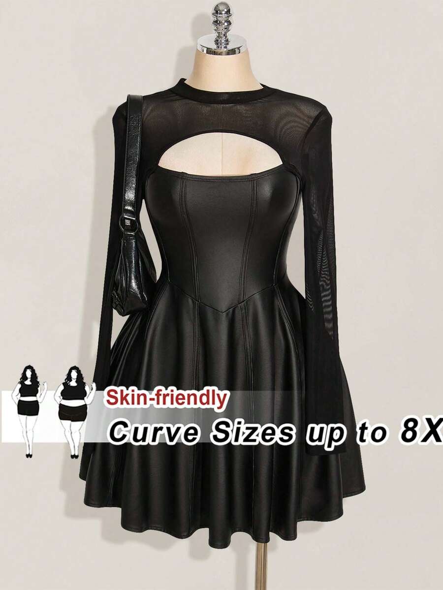 SHEIN CURVE+ Plus Size Women's Fashionable Round Neck Shoulder Black Long Sleeved Fishbone Pressed Line Hollow Waist A Swing PU Dress, Y2k Sexy Front Hollowed Out Mesh Splicing Long Sleeved Dress, Autumn Dress - Black - View 1