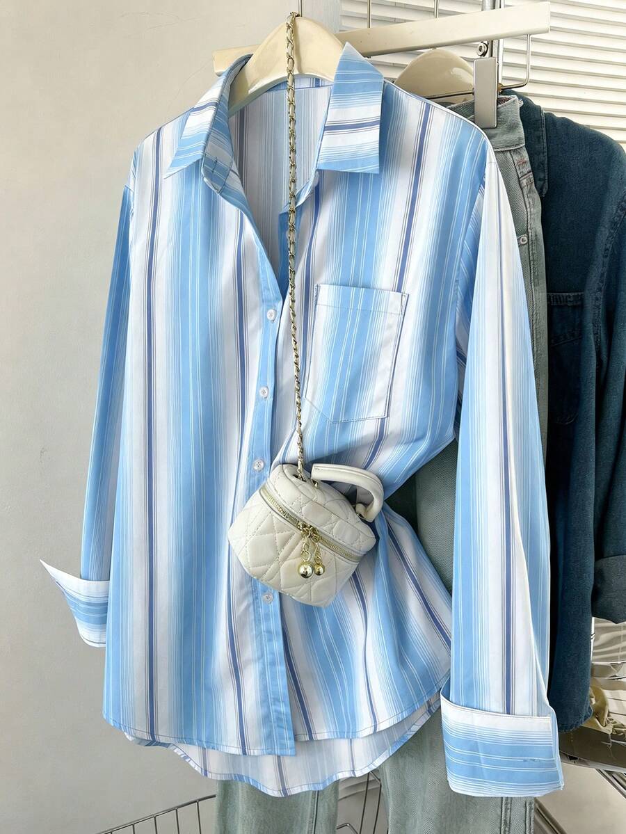 INAWLY Women's Casual Striped Print Shirt, Spring/Autumn - Blue - View 1