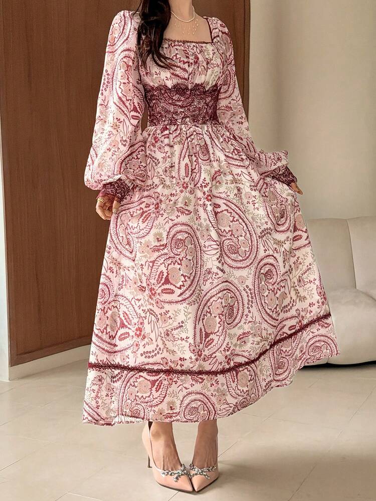 Spring & Summer Bohemian Style All-Over Print Dress, Elegant For Valentine's Day, Wedding, Party, Formal Occasion, Fashion Event, Slim Fit, Long Sleeve, Maxi Length Sundress Boho