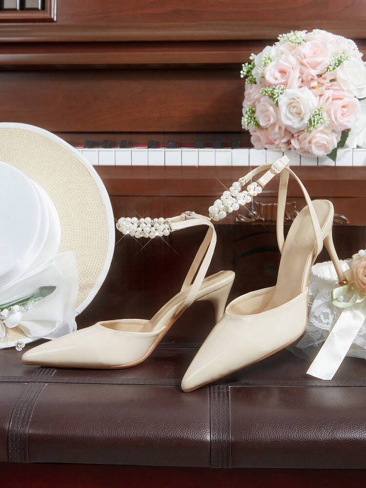 CUCCOO HITCHD Women Shoes Women Pointed Slender Heel Apricot Faux Pearl Women's High Heel Shoes Ankle Strap Slingback Shoes Fashion Sexy Party Banquet Wedding Fashion Simple High Heel Women's Shoes Elegant Shoes Wedding Shoes