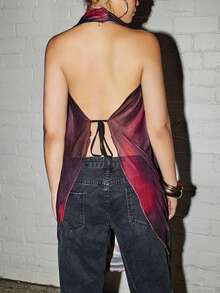 SHEIN ICON 女款垂領無袖網紗上衣，休閒日常穿著 - 紅色 - 查看 2