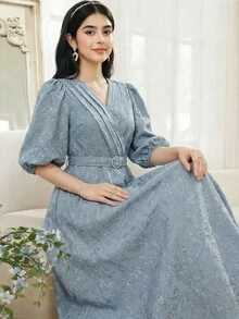 SHEIN Teen Girls' Blue Mist Blue Puff Sleeve Textured Jacquard Waist Fit & Flare Elegant Dress - Dusty Blue - View 2