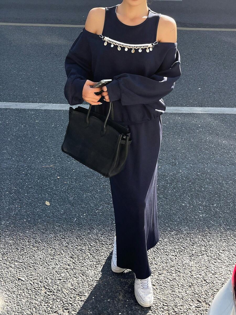 DAZY 女士休闲露肩上衣和半裙两件套 - 藏蓝色 - 查看 1