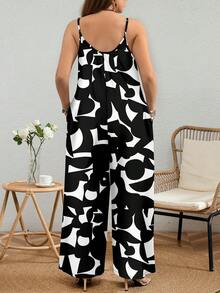 EMERY ROSE Plus Size Abstract Black & White Geometric Print Jumpsuit Spring - Multicolor - View 2