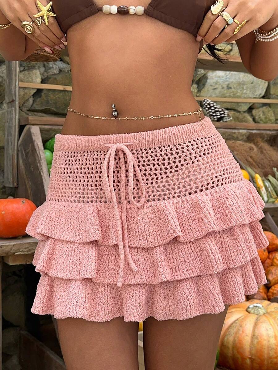 Sunnyshic Damklänning i rosa, moderiktig kakkjol, lämplig för sommarstranden, sexig superkjol, söt puffkjol med urholkning - Rosa - Visa 1