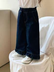 DAZY Toddler Girls' Casual Washed Vintage Korean Style Versatile Ruffle Hem Loose Wide Leg Jeans - Dark Wash - View 7