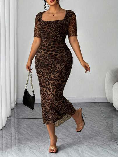 Elenzga Plus Size Leopard Print Short Sleeve Bodycon Dress, Slimming Fit, Versatile For Daily Wear, Spring/Summer
