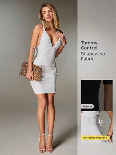 Nuvra Women's Sexy Deep V-Neck Spaghetti Strap Bodycon Bandage Knit Elegant Midi Dress, Suitable For Vacation Tummy Control Dress Jersey Dress Summer Dress Women Tummy Control Shapewear Summer Dresses For Women Summer Outfits For Women 2026 New Women's Swimwear ArrivalFor School,Suitable For Holiday, Date, Afternoon Tea, Western, Cruise, Beach, Island, Road Trip, All Seasons, Music Festival, Boho Vacation,Bohemian Vacation, Chill Autumn ,Western Boho ,Elegant Tops For Women Shapewear Dress White Dress Jersey Dresses Bodycon Dress