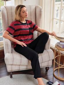 Doze Lane Striped Pocket & Heart Embroidery Women Short Sleeve Pajama Set - Multicolor - View 6