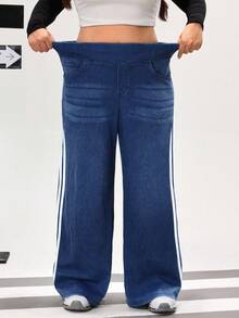 Flexra Plus Size Women High Waist Pockets Wide Leg Loose Side Stripe Fashion Casual Jeans - Dark Wash - View 3