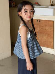 DAZY Young Girls 2 In 1 Korean Style Plaid Contrast Color Lace Patchwork Ruffle Hem Sleeveless Camisole Shirt Summer - Blue - View 2