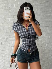 Jeanoix Women's Sexy Y2K Plaid Fitted Shirt - Blue - View 6