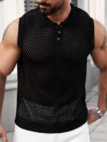 Manfinity Homme Men's Summer Fashionable Casual Hollow-Out Knit Vest Men Polo Shirts Knit Shirt Men Men Golf Shirt Men S Clothing Online Summer Wear For Men Men Mesh Top Fishnet Shirt Men Men Crochet Top Mens Muscle Shirt Mesh Men Top - Black - View 4