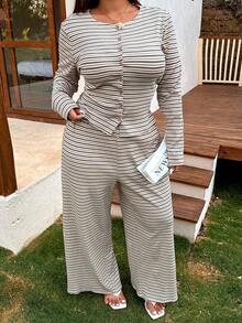 SHEIN EZwear 大码条纹上衣和裤子两件套，适合春秋季休闲穿着 - 彩色 - 查看 4