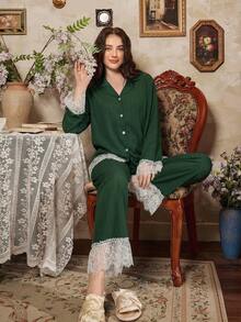 Elegant French Romantic Lace Patchwork Women Pajama Set - Dark Green - View 6