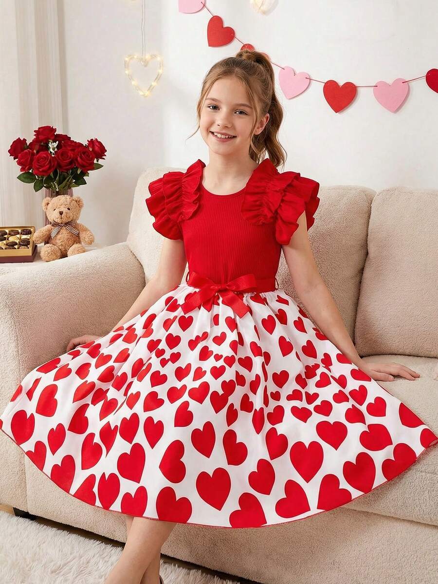 SHEIN Vestido de malla con estampado de estrellas y ribete de volantes para niña preadolescente, ideal para vacaciones, verano y viajes - Rojo - Ver 1