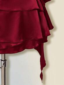 SHEIN ICON 女士缎面露背荷叶边修身迷你连衣裙，配腰带披肩 - 酒紅色 - 查看 6