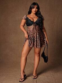 Rustia Elegant Sexy Lace Leopard Print Sheer Fitted A-Line Mini Dress, Cute Plus Size - Coffee Brown - View 7