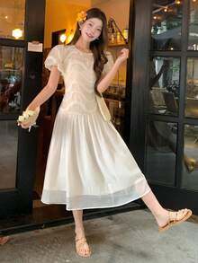 DAZY Women's Round Neck Textured Korean-Style Midi Party Dress - White - View 1