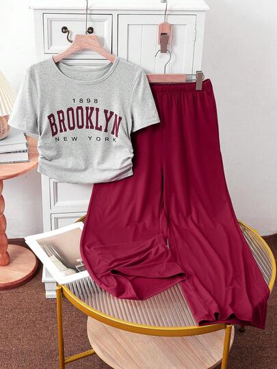 少女休闲百搭日常穿着及校园运动圆领褶裥短袖上衣+宽松阔腿运动裤字母T恤套装，春夏款