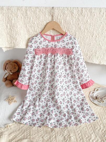 Girls' Ditsy Floral Ruffle Patchwork Long Sleeve Long Nightgown Loungewear Sleep Wear Kids Girls Dress Little Girl Nightgown Girls Pajama Dress Girls Dress Long Sleeves Kids Dress