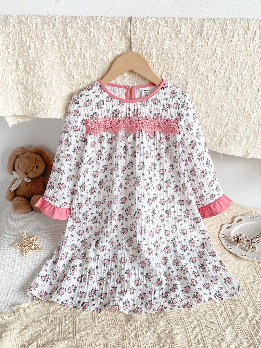 Girls' Ditsy Floral Ruffle Patchwork Long Sleeve Long Nightgown Loungewear Sleep Wear Kids Girls Dress Little Girl Nightgown Girls Pajama Dress Girls Dress Long Sleeves Kids Dress