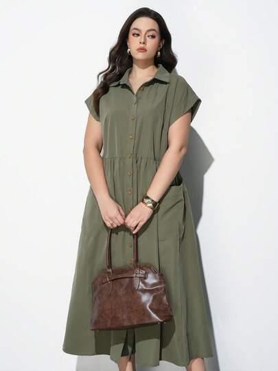 Maija Vestido Verde Plus Size 2026 de Manga Curta com Bolso Grande e Saia Rodada, Vestido de Primavera/Verão, Tecido Confortável, Dia dos Namorados Romântico, Roupa de Saída para Mulheres, Casual Elegante para Negócios, Estilo Urbano Casual, Moda Minimalista para Ir e Vir, Vestido Elegante para Chá, Roupa de Festa, Vestido Casual Solto para o Dia a Dia, Melhor Vendedor de Cor Sólida
