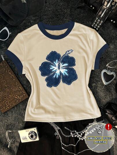 Glimmora Women's Floral Applique Contrast Trim Casual Short Sleeve T-Shirt