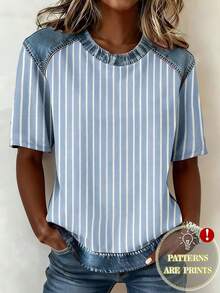 EMERY ROSE Women's Short Sleeve Raglan Sleeve Round Neck Striped Casual Loose Top