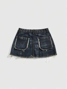 ROMWE J-Fashion 女士 Y2K 复古亚文化做旧铆钉珍珠装饰破洞紧身牛仔迷你裙 - 藍色 - 查看 2