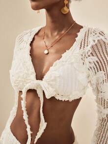 Écloséra Áo thun nữ màu trơn dệt kim họa tiết lá phong, khoét rỗng, tay dài, buộc dây phía trước, kiểu dáng thanh lịch, thích hợp đi biển. - Màu be - Xem 3