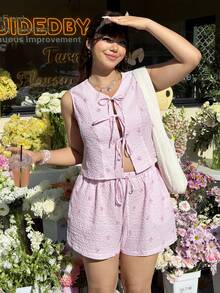 GalTyme 大码女式条纹蝴蝶结印花圆领抽绳无袖上衣和短裤休闲套装 - 粉色 - 查看 2