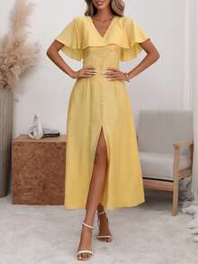 Wandoria Đầm maxi nữ thanh lịch, sang trọng, nhẹ nhàng, kiểu bohemian, thích hợp cho kỳ nghỉ/công sở, đi làm, màu trơn, cổ chữ V, tay bồng, eo chun, vạt xòe, xẻ tà trước, có túi cài nút trang trí, thích hợp cho mùa xuân/hè. - Màu vàng - Xem 6