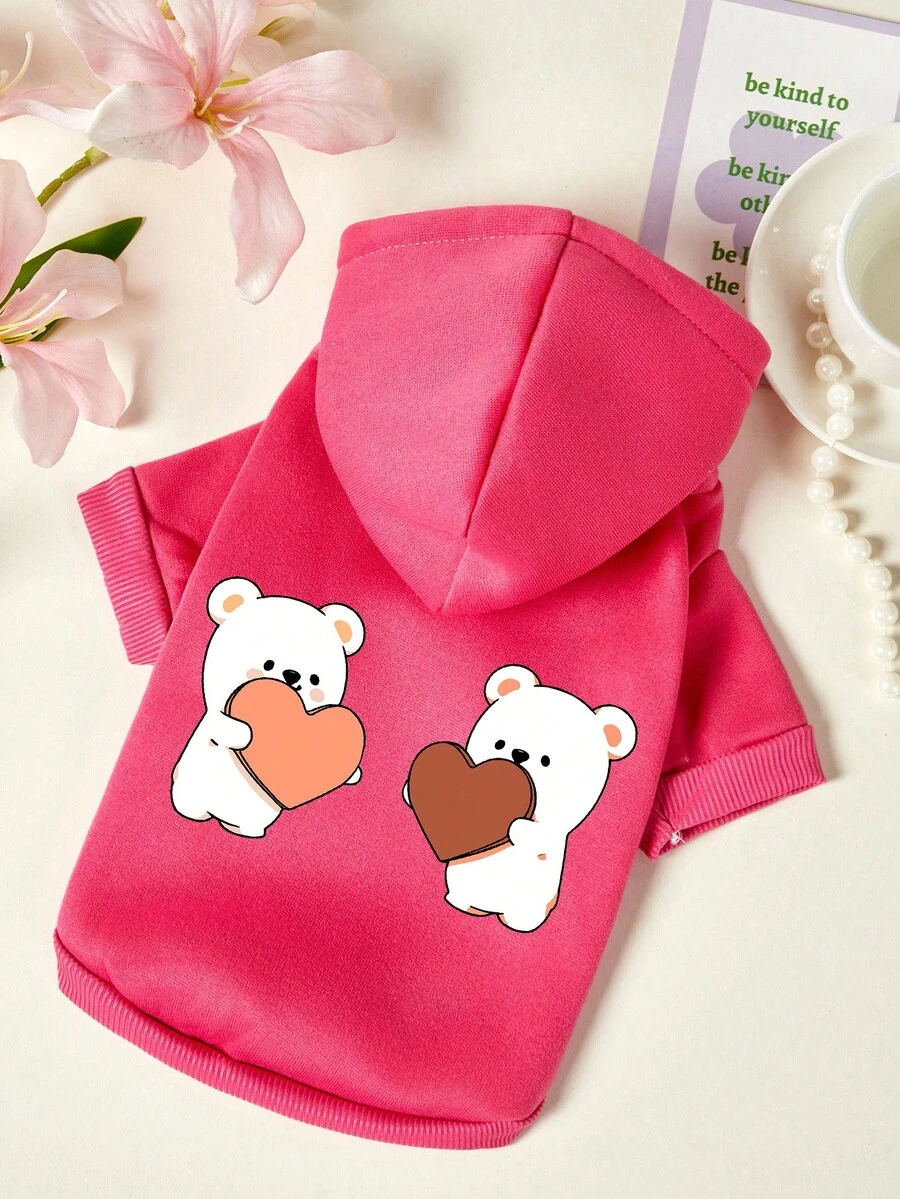 PETSIN 1件可爱小熊抱着爱心印花宠物帽帽连帽衫玫瑰红运动风加厚保暖宠物衣服 - 玫紅色 - 查看 1