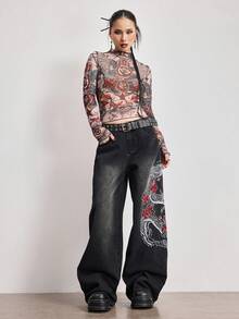 ROMWE Grunge Punk Women's Chinese Dragon & Floral Embroidered Pocket Wide Leg Loose Casual Jeans - Black - View 7