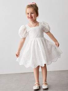 Maija Kids Đầm thường ngày màu trơn cổ tròn tay phồng eo thắt eo dành cho bé gái - trắng - Xem 5