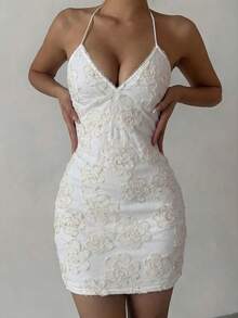 Aloruh Women's Fashionable Sexy Halter Backless Mini Dress, Summer - White - View 7