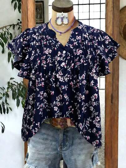 Linhara A Large-Sized Royal Blue Small Flying Sleeve Floral Shirt