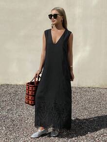 Livesso Women's Loose Casual Hollow Embroidery Pattern Dress, Suitable For Music Festival, Valentine's Day, Wedding, Beach Vacation, Deep V-Neck Sleeveless Dress, Spring/Summer - Black - View 7