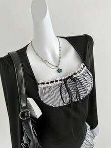 Sweetra Áo cánh dễ thương họa tiết ren viền đen đơn sắc đi làm/đi chơi hàng ngày mùa xuân/hè mới cho nữ - màu đen - Xem 5