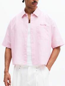 SUMWON Crop Fit Short Sleeve Button Down Shirt With Vertical Stripes And Collared Neckline For Casual Summer Occasions - Pink - View 5