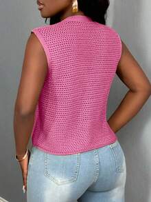 BamGleam New Green Metal Large Button V-Neck Sweater Vest, Hollow Out Cardigan, Casual Sexy Minimalist Sweater Vest For Autumn, Winter, Spring - Pink - View 2